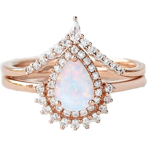 Sterling Silver with Rose Gold Plated Pear Shaped Opal Personalized Engraving & Couple Engagement Ring