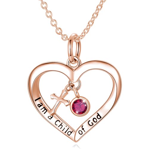 Sterling Silver with Rose Gold Plated Personalized Birthstone & Cross & Heart Pendant Necklace with Engraved Word