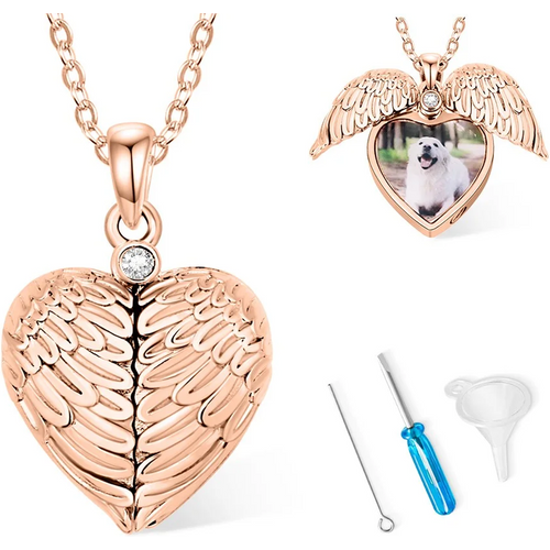 Sterling Silver with Rose Gold Plated Cubic Zirconia Personalized Photo Angel Wing Urn Necklace for Ashes