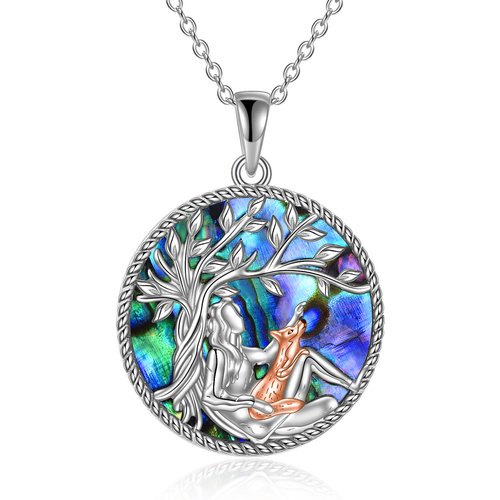 Sterling Silver with Rose Gold Plated Round Abalone Shellfish Fox & Tree Of Life Pendant Necklace