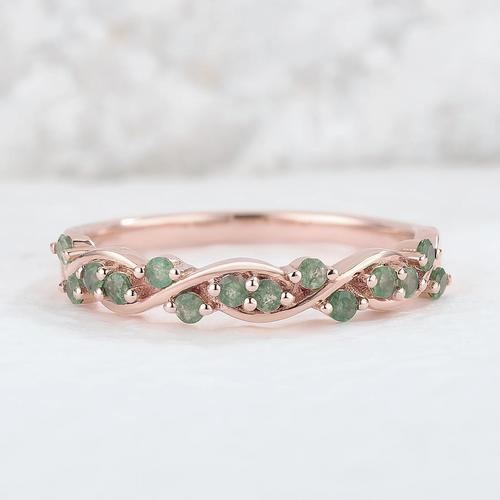Sterling Silver with Rose Gold Plated Round Cut Moss Agate Ring