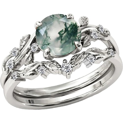 Sterling Silver with Rose Gold Plated Round Ivy Moss Agate Engagement Ring Set
