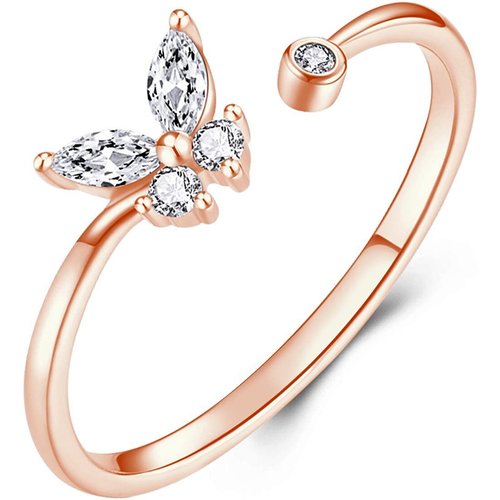 Sterling Silver with Rose Gold Plated Round Moissanite Butterfly Open Ring