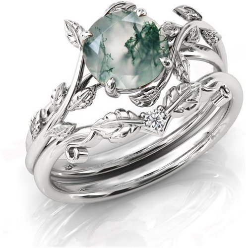 Sterling Silver Round Moss Agate & Personalized Engraving Leaves Engagement Ring