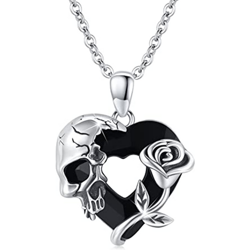 Sterling Silver Rose & Skull& Heart Crystal Pendant Necklace for Women