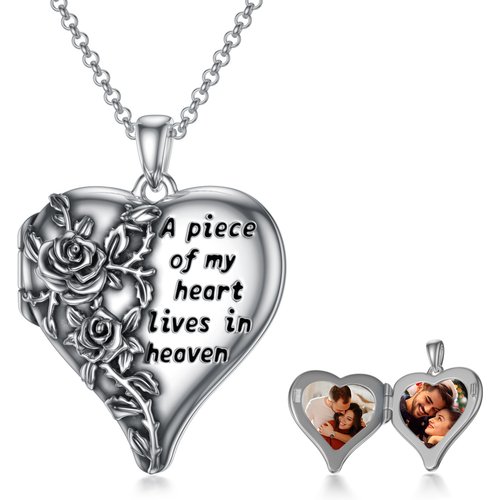 Sterling Silver Rose & Heart Personalized Photo Locket Necklace with Engraved Word