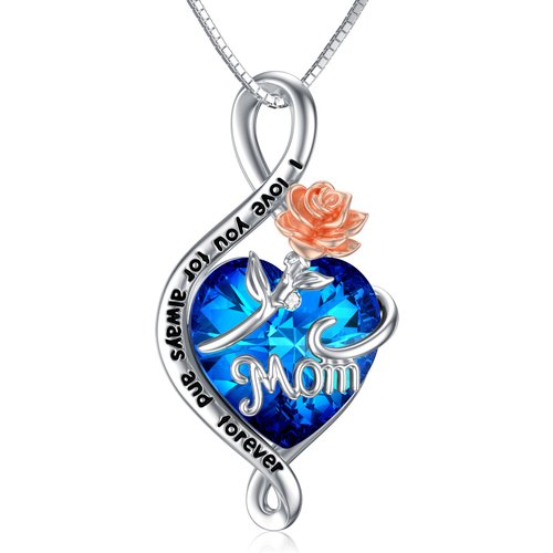 Sterling Silver Rose With Infinity Symbol Blue Crystal Pendant Necklace With Engraved Word Or Women