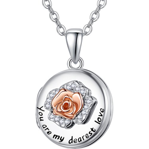 Sterling Silver Rose Personalized Photo Locket Necklace with Engraving word