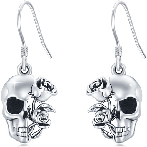 Sterling Silver Rose & Skull Drop Earrings