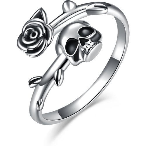 Sterling Silver Rose & Skull Open Ring
