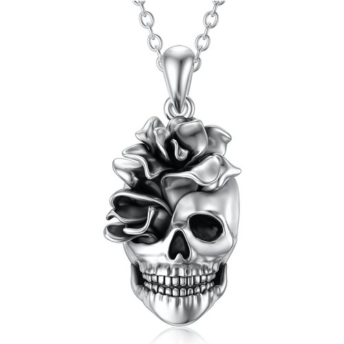 Sterling Silver Rose & Skull Pendant Necklace for Women Men
