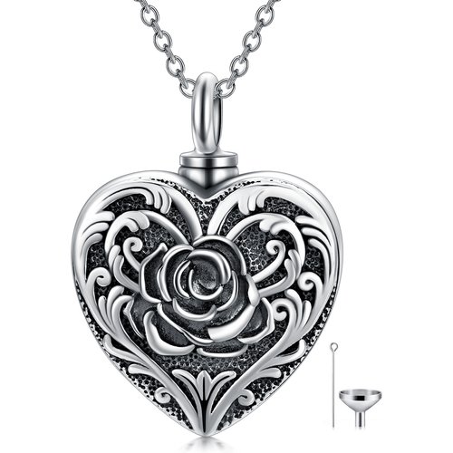 Sterling Silver Rose Urn Necklace for Ashes with Engraved Word