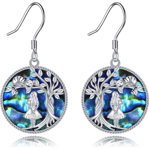 Sterling Silver Round Abalone Shellfish Cat & Tree Of Life Drop Earrings