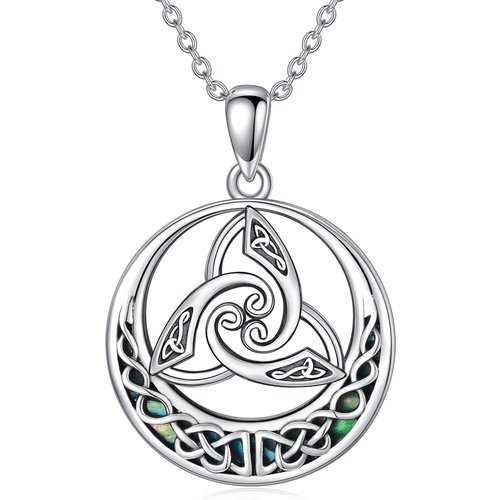 Sterling Silver Round Abalone Shellfish Celtic Knot Circle Pendant Necklace