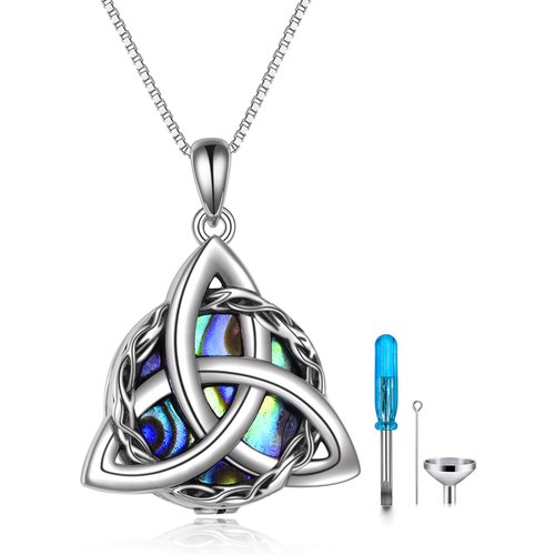 Sterling Silver Round Abalone Shellfish Celtic Knot Urn Necklace for Ashes with Engraved Word