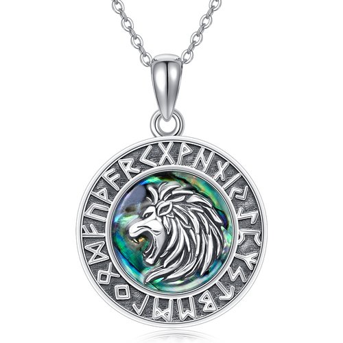 Sterling Silver Round Abalone Shellfish Lion & Viking Rune Pendant Necklace