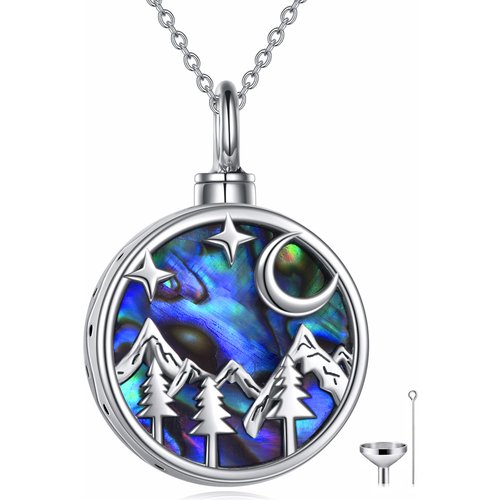 Sterling Silver Round Abalone Shellfish Moon & Mountains Urn Necklace for Ashes with Engraved Word