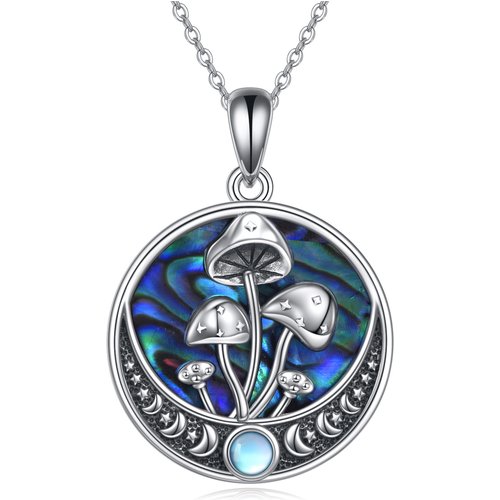Sterling Silver Round Abalone Shellfish Mushroom & Moon Pendant Necklace
