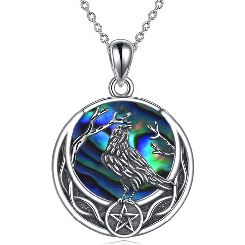 Sterling Silver Round Abalone Shellfish Raven & Pentagram Pendant Necklace