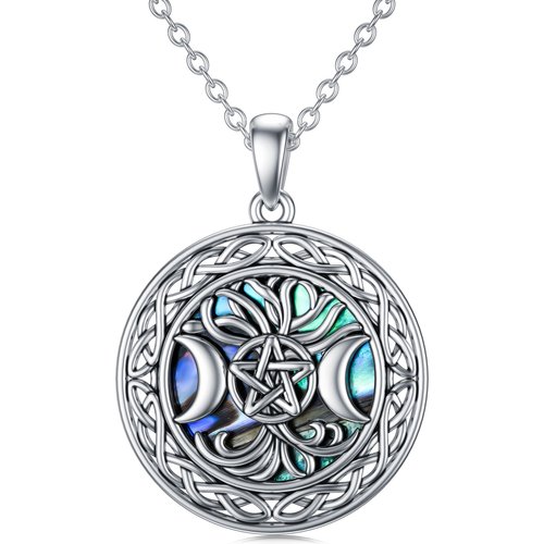 Sterling Silver Round Abalone Shellfish Tree Of Life & Moon With Pentagram Pendant Necklace For Men