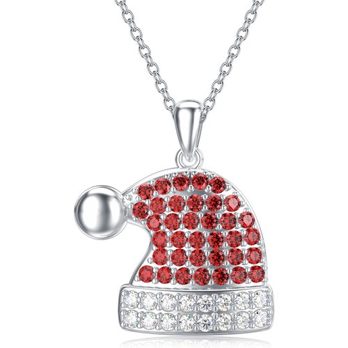 Sterling Silver Round Cubic Zirconia Christmas Hat Pendant Necklace