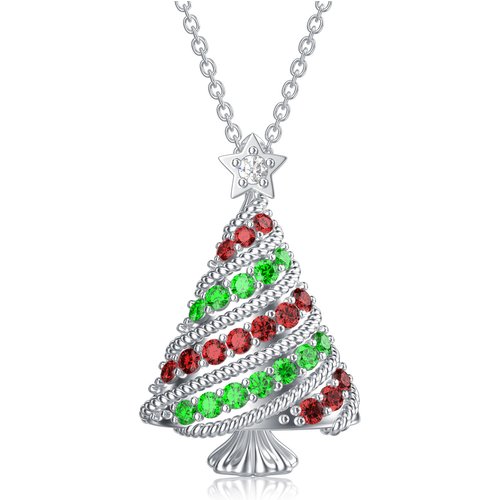 Sterling Silver Round Cubic Zirconia Christmas Tree Pendant Necklace