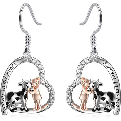 Sterling Silver Round Cubic Zirconia Cow Drop Earrings with Engraved Word