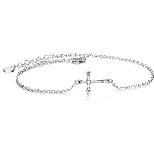 Sterling Silver Round Cubic Zirconia Cross Charm Bracelet