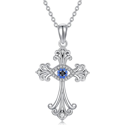 Sterling Silver Round Cubic Zirconia Cross Pendant Necklace