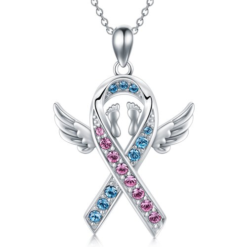 Sterling Silver Circular Shaped Crystal Angel Wing Footprints Pendant Necklace