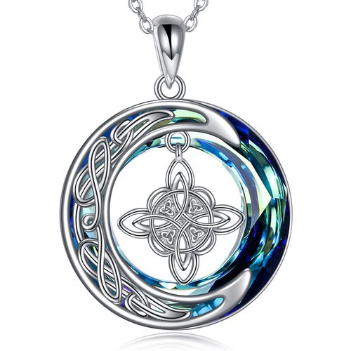 Sterling Silver Round Crystal Celtic Knot & Moon Pendant Necklace