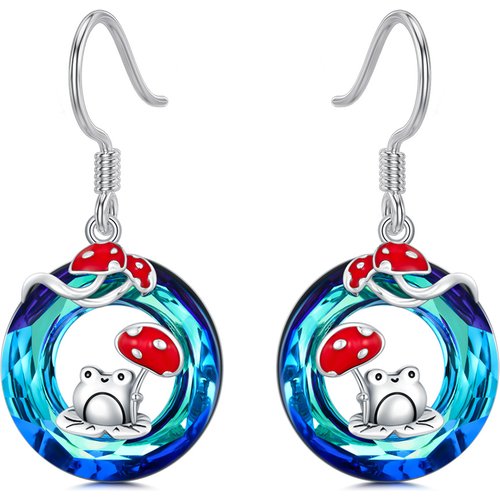 Sterling Silver Round Crystal Frog & Mushroom Drop Earrings