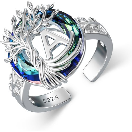 Sterling Silver Round Crystal Personalized Initial A With Tree Of Life Open Ring
