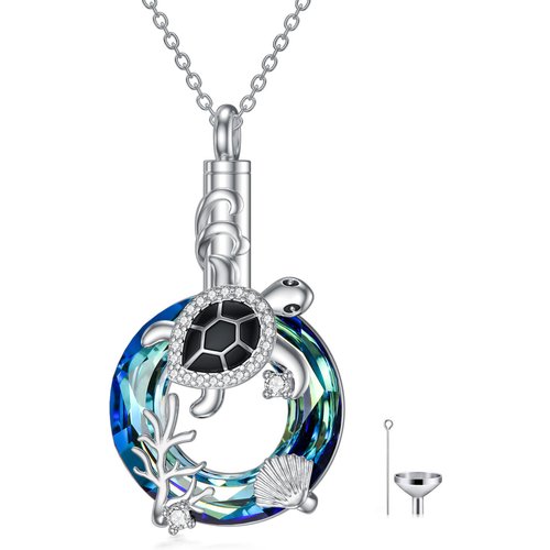 Sterling Silver Round Crystal Sea Turtle Pendant Necklace