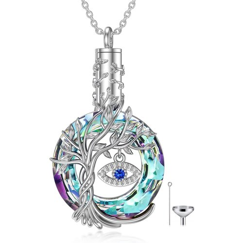 Sterling Silver Round Crystal Tree Of Life & Evil Eye Urn Necklace for Ashes