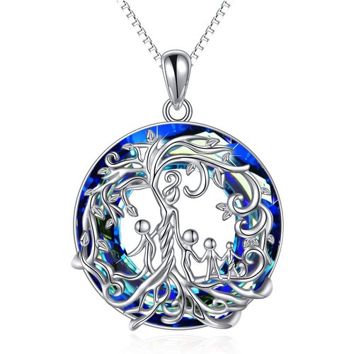 Sterling Silver Mother and 4 Child Tree Of Life & Circle Crystal Necklace for Women