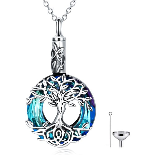Sterling Silver Round Crystal Tree Of Life Urn Necklace for Ashes