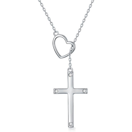 Sterling Silver Round Diamond Cross & Heart Adjustable Y Necklace