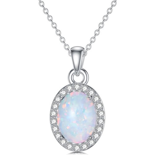 Sterling Silver Round Diamond & Opal Oval Shaped Pendant Necklace