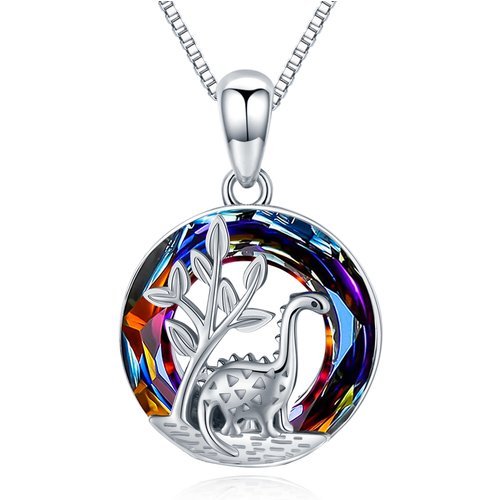 Sterling Silver Round Dinosaurs Crystal Pendant Necklace