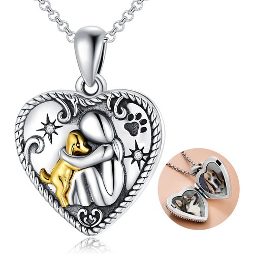 Sterling Silver Round Cubic Zirconia Dog & Heart Personalized Photo Locket Necklace with Engraved Word