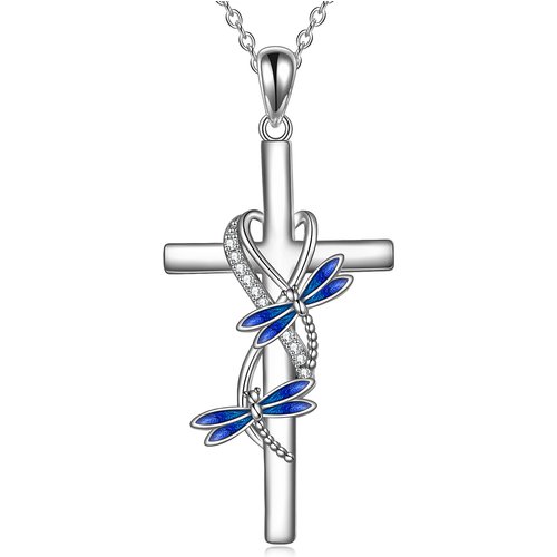Sterling Silver Round Cubic Zirconia Dragonfly & Cross Pendant Necklace