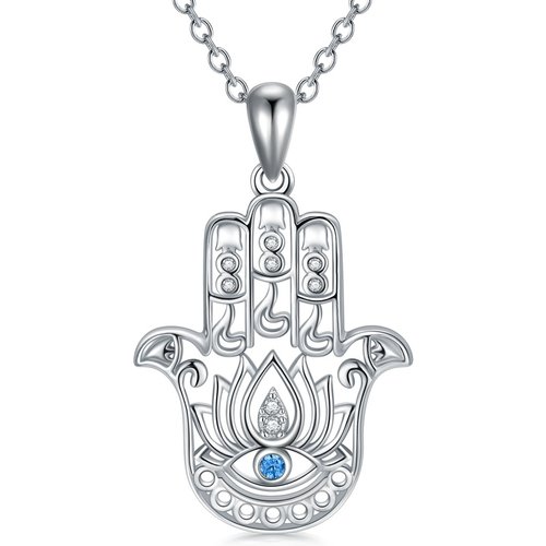 Sterling Silver Round Evil Eye & Hamsa Hand Pendant Necklace