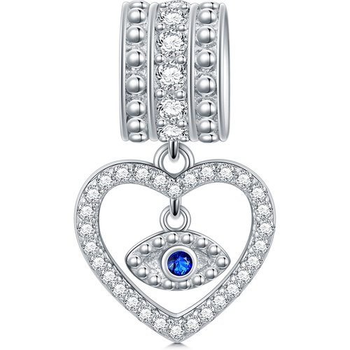Sterling Silver Round Cubic Zirconia Evil Eye & Heart Pendant Charms