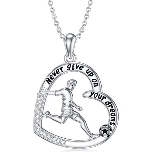 Sterling Silver Round Cubic Zirconia Football & Heart Pendant Necklace with Engraved Word