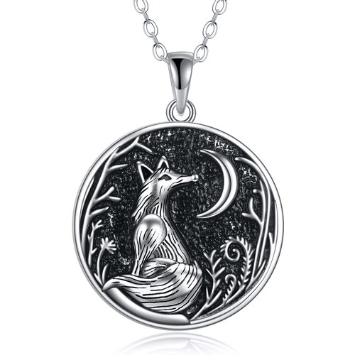 Sterling Silver Round Fox & Moon Pendant Necklace