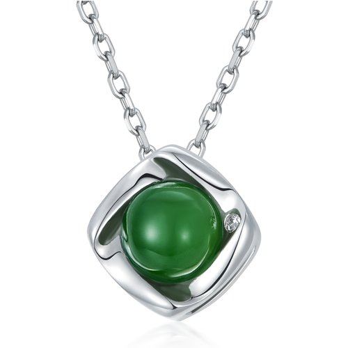 Sterling Silver Round Jade Square Pendant Necklace