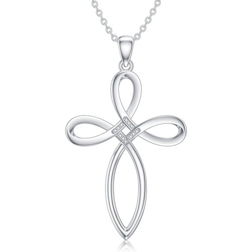 Sterling Silver Round Lab Created Diamond Celtic Knot & Cross Pendant Necklace