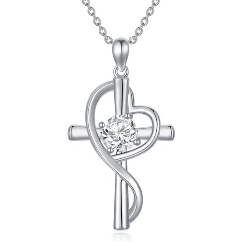 Sterling Silver Round Moissanite Cross & Heart Pendant Necklace