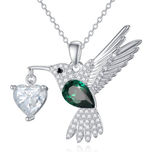 Sterling Silver Round Moissanite Hummingbird & Heart Pendant Necklace